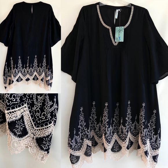 Andree Blue Dresses & Skirts - NWT Andre Blue Flowy Black Dress w Boho Embroidery